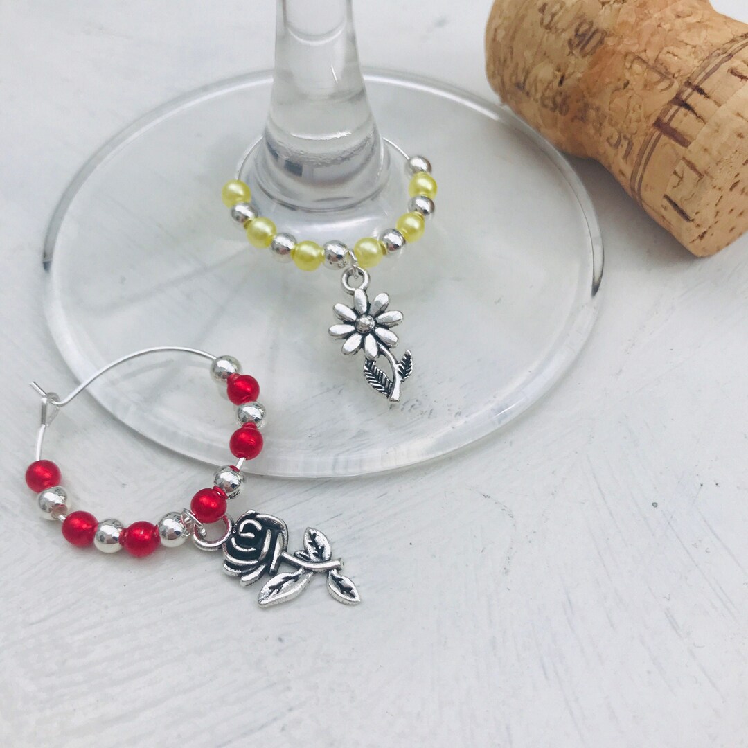 Flower wine charms, daisy wine charm, rose wine charm, flower wine