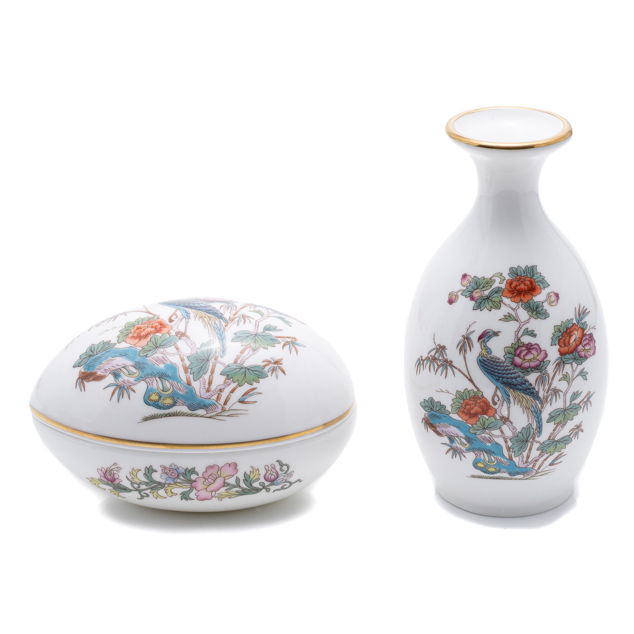 Wedgwood Kutani Crane Design Bone China Small Bud Vase and Egg Shaped
