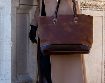 Two-Tone Brown Leather Tote Bag, Personalized Handbag