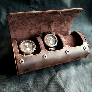 Rollo de reloj personalizado, Rollo de cuero, caja de reloj de cuero, Accesorios de viaje, Rollo de reloj para 3 relojes Estuches de relojes personalizados, regalo para hombres imagen 1