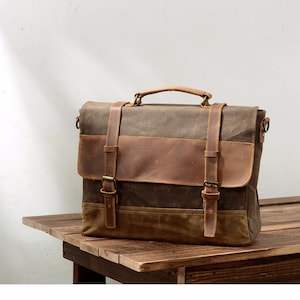 Messenger bag, shoulder bag with leather accents, Waxed Canvas Briefcase, school bag, Casual Briefcase, Travel Satchel, Handbag,Shoulder Bag