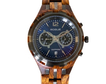 Luxury Wood and Stainless Steel Watch, Mens gift, Black Sandalwood watch, Mens Watch, wooden watches, Groom Watch, Blue Face Watch, BK20