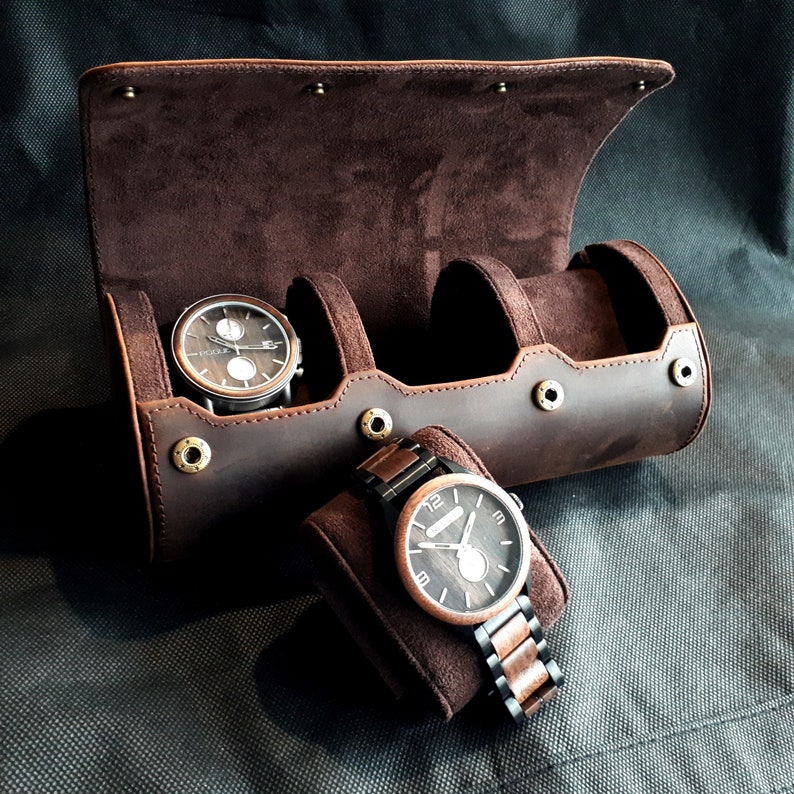Rollo de reloj personalizado, Rollo de cuero, caja de reloj de cuero, Accesorios de viaje, Rollo de reloj para 3 relojes Estuches de relojes personalizados, regalo para hombres imagen 2
