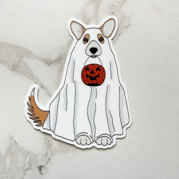 Halloween Ghost Corgi Waterproof Sticker - Welsh Corgi Trick or Treat Dog Halloween Stickers Ghost Dog Halloween Decor