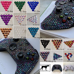 May include: A close-up of a black Xbox controller covered in iridescent rhinestones. The controller is surrounded by smaller images of different colored rhinestones, each labeled with a number and color name. The text "XBOX" is visible on the bottom left corner of the controller.