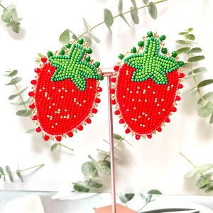 Beaded Strawberry Earrings, Seed Bead Fruit Jewelry