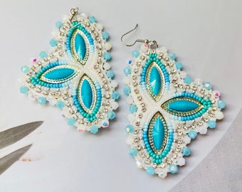 Beaded Earrings, Blue Leaves Design, Rhinestone Detail