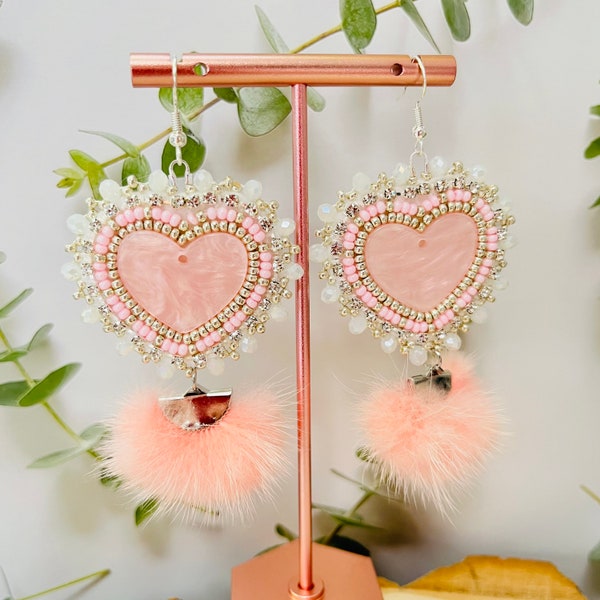 Beaded pink heart earrings with mink fur
