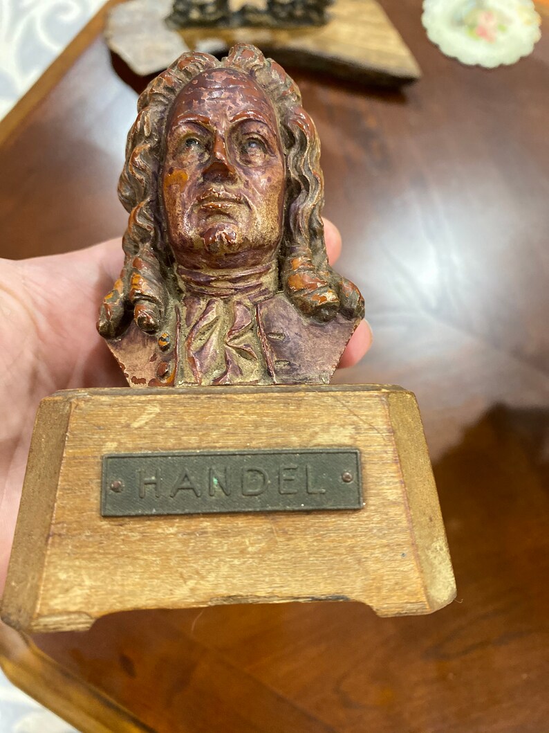 Antique Sculpture Wood Carved of Famous Composer Handel Boost Music Box SwissReugeMusicalCollectors sculpture art HandelBustHandelStatuette