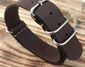 Correa de reloj de cuero marrón oscuro / Correa de reloj de cuero genuino para hombre y mujer / Correa de repuesto de estilo militar con herrajes de acero inoxidable