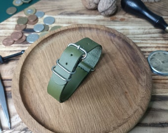 Correa de reloj de piel de oliva: correa color caqui, hebilla plateada, hecha a mano