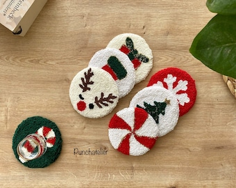 Christmas Coasters Punch Needle Kit 4 Pcs/ Coaster Tufting Kit/ Punch Embroidery Kit / Punch Needle Coaster/ Punch Needle Rug/Embroidery Kit