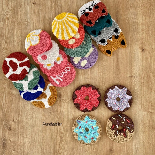 Lovely Tufting Coaster Kit 4 PCS/ Coaster Punch Needle Kit / DIY Punch Embroidery Kit/ Punch Needle Coaster