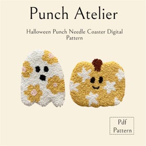 May include: A digital pattern for punch needle coasters featuring a ghost and a pumpkin with a white background. The ghost and pumpkin are decorated with yellow and white flowers. The text "Punch Atelier" and "Halloween Punch Needle Coaster Digital Pattern" is at the top of the image. The text "Pdf Pattern" is at the bottom of the image.