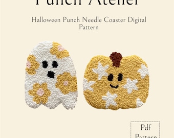 ハロウィン用パンチニードルコースターテンプレート：おばけとカボチャ