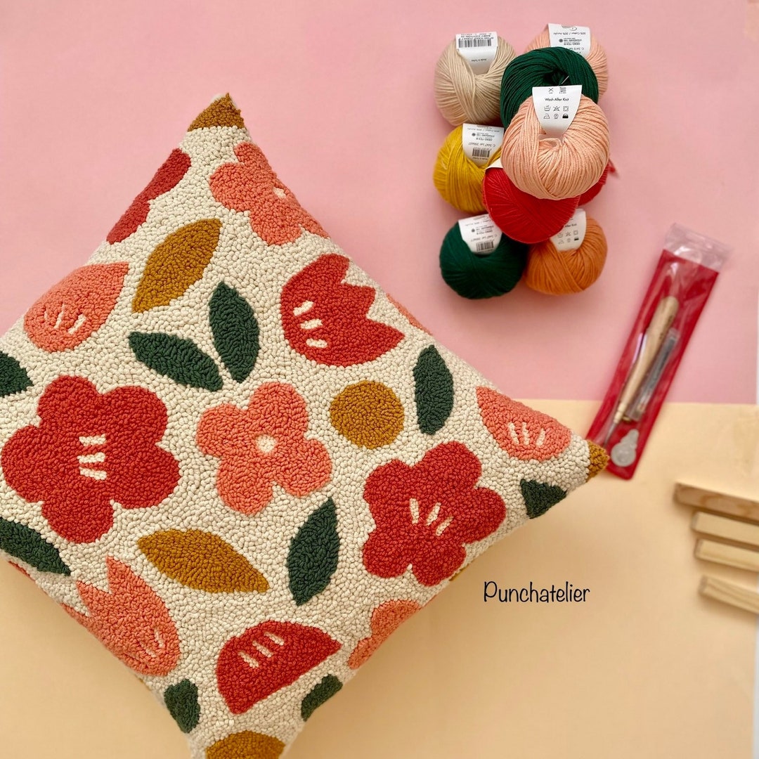 Flowered Punch Needle Cushion Kit/ Beginner Embroidery Kit/ /cross