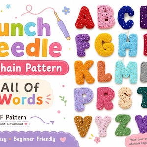 Puede incluir: Un patrón digital en PDF para llaveros de aguja mágica con el texto Punch Needle Keychain Pattern All Of Words. La imagen muestra un alfabeto completo de letras bordadas, texturizadas y coloridas en varios tonos, incluyendo rojo, azul, amarillo y rosa.