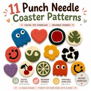 Pode incluir: Uma coleção de onze padrões de bases de agulha de perfuração coloridas em várias formas, incluindo um fantasma, um coração, uma melancia e um rosto sorridente. O texto diz "11 Punch Needle Coaster Patterns" e "Digital PDF Download - Beginner Friendly."