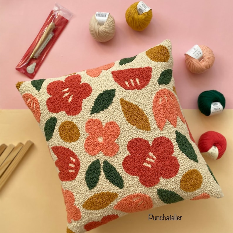 Flowered Punch Needle Cushion Kit/ Beginner Embroidery Kit/ Etsy