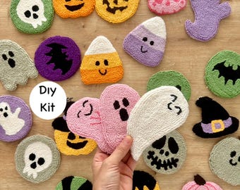 Halloween Punch Needle Coaster Craft Kit - 4 Pcs / DIY Tufting Beginners Set /Punch Needle Beginner Kit/Punch Embroidery Coaster Kit/Dıy Kit