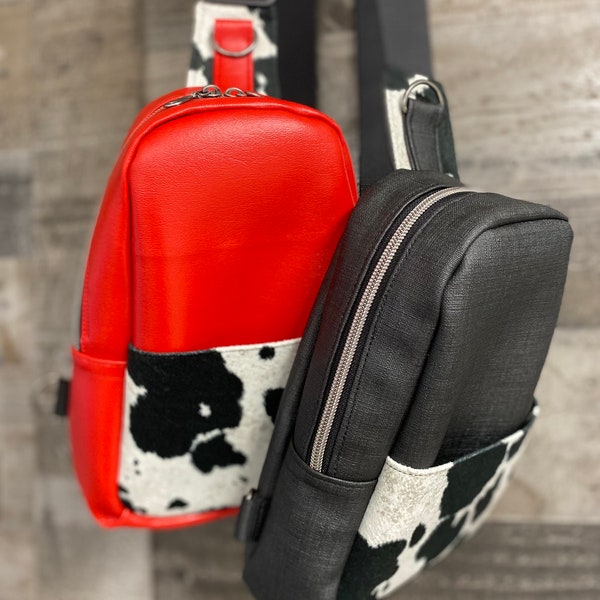 Western Sling Bag/ Cow print /Black/Red/ Faux Leather Backpack /Cross Body Travel Bag/ Western Bag/simple fanny pack