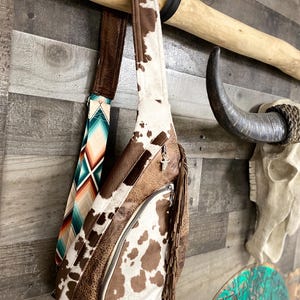 Cow Print Faux Leather Sling Bag: Western Fringe Backpack - Etsy display picture 1