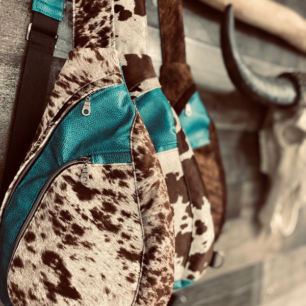 Summit Sling Bag/ beige Cow print  / Faux Leather Backpack /Cross bag /Travel Bag/ Western slingbag /longhorn / highland cow/ turquoise jade