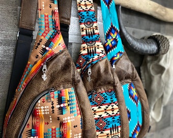 Summit Sling Bag/ Western slingbag/ Backpack /Cross Body Bag/ Travel Bag/Native Print/Faux Leather/Western slingbag/Aztec print / turquoise