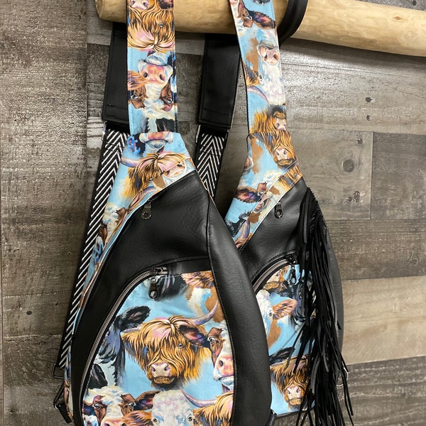 Summit Sling Bag/ Cow longhorn print/ black Faux Leather Backpack /Cross Body fringe bag /Travel Bag/ Western Bag/ Western highland