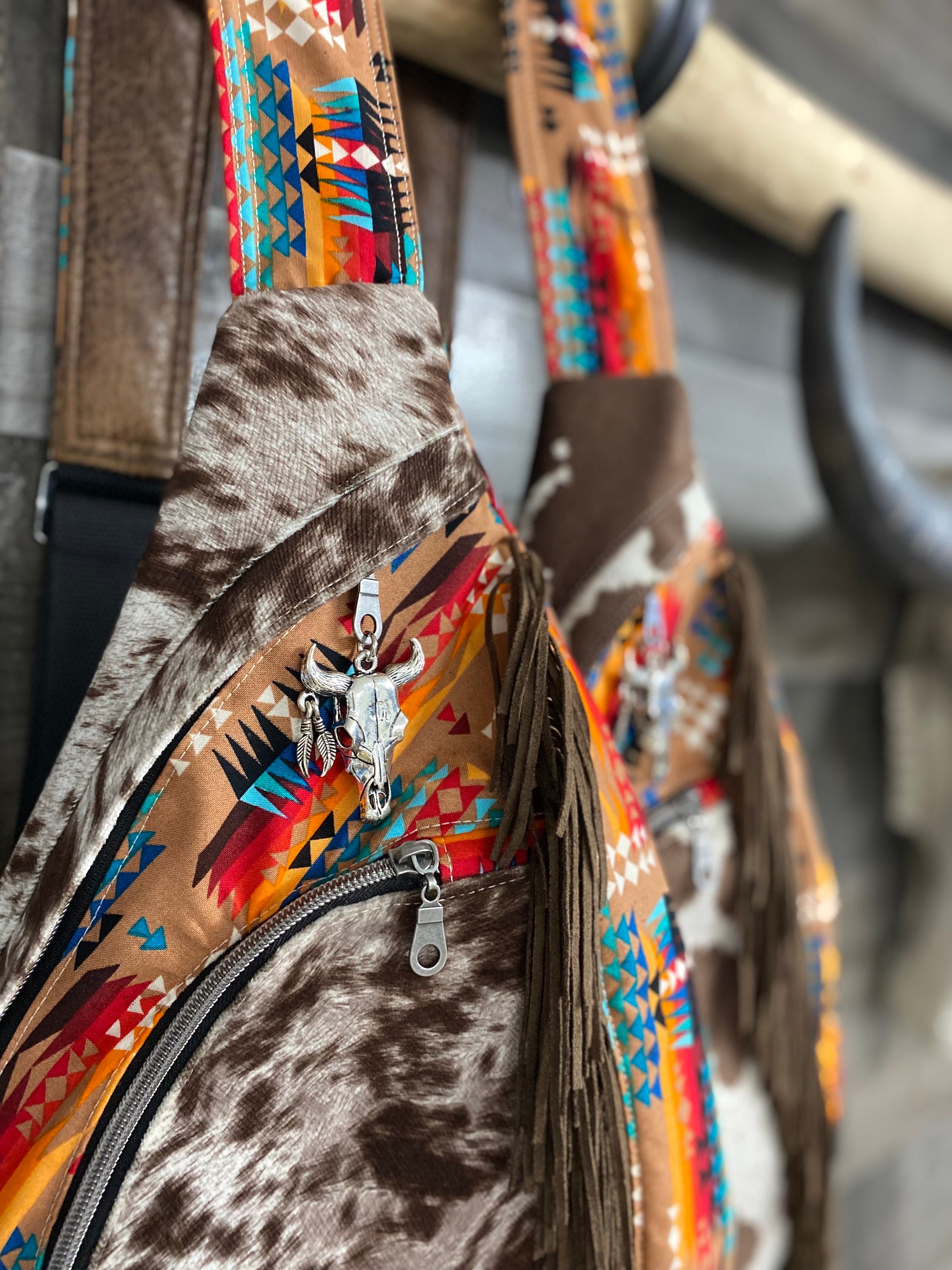 Cattle Boss Western Boho Backpack Cowhide Backpack Fringe Leopard Turquoise Western Boho Travel Tooled Leather Rainbow Sparkle Cowhide  main image 3
