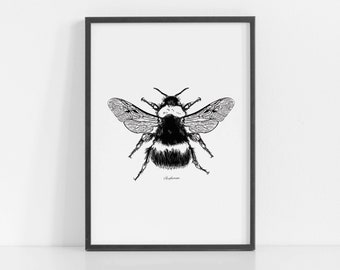 A4|A5 Bee Print | Bumblee Print | Black & White Bee | Insect Print | Bee Drawing