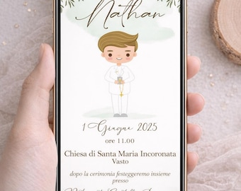 Digital First Communion Invitation for Boys, Green Olive Tree Communion Invitation, Modern Personalized WhatsApp Invitation, Green Leaves Invitation