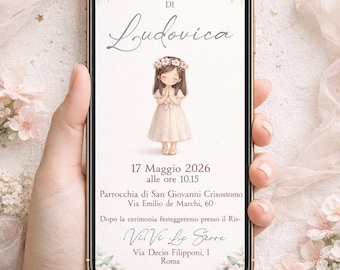Digital First Communion Invitation for Girls, Pink and Green Floral Communion Invitation, Personalized WhatsApp Invitation, Elegant Communion