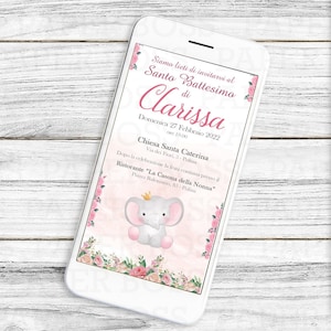 Invito digitale Battesimo bimba, invito whatsapp, tema elefantino, annuncio battesimo bambina, fiori, biglietto festa, invito personalizzato