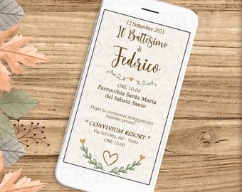 Baby baptism digital invitation, whatsapp invitation shabby theme, baby baptism participation, autumn theme invitation, web announcement