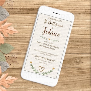 Invito digitale battesimo bimbo, invito whatsapp tema shabby, partecipazione battesimo bambino, invito tema autunno, annuncio web