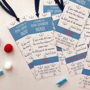 10 Segnalibro personalizzati tema mare, tag bomboniera bimbo, biglietto di ringraziamento, segnaposto comunione, ricordo cresima