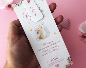 Segnaposto battesimo bambina, segnalibro personalizzato ricordo, tag nome invitato, battesimo tema coniglietta, biglietto rosa, nascita