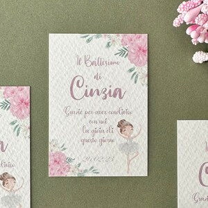 Segnaposto battesimo bimba, tag bomboniera, segnatavolo tema ballerina, biglietto invitato battesimo, etichetta, segna posto personalizzato