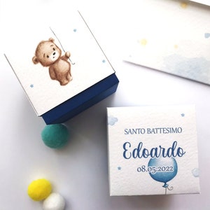 10 boxes for baptism confetti, personalized placeholder confectionery baby baptism, tasting boxes bear theme, blue box