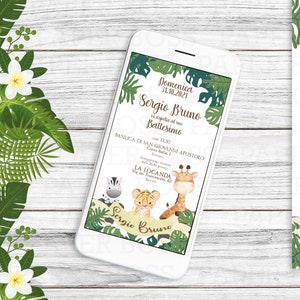 Invito digitale Battesimo tema giungla, invito whatsapp battesimo bimbo, tema foresta, invito personalizzato animali, partecipazione web