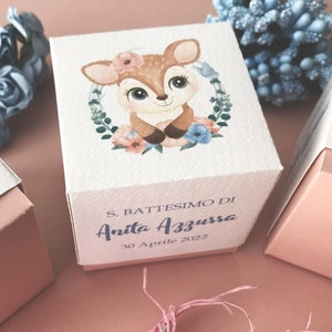 Scatoline per confetti battesimo bimba, segnaposto personalizzato confettata, scatole degustazione tema cervo, party animali del bosco