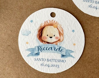 Tag bomboniera battesimo, segnaposto personalizzato leoncino, biglietto confetti, santo battesimo bimbo, tag sacchetto confetti, tema leone