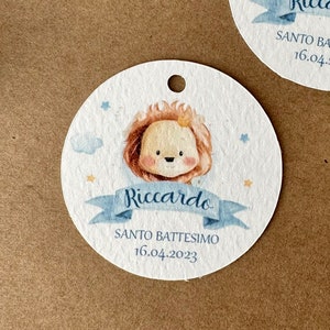 Tag bomboniera battesimo, segnaposto personalizzato leoncino, biglietto confetti, santo battesimo bimbo, tag sacchetto confetti, tema leone