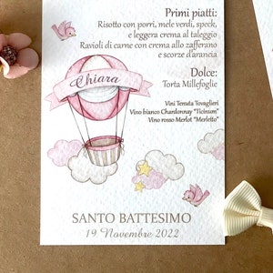 Menù battesimo bimba, battesimo tema mongolfiere, segnatavolo mongolfiera rosa, menù personalizzato per battesimo, tableau de marriage