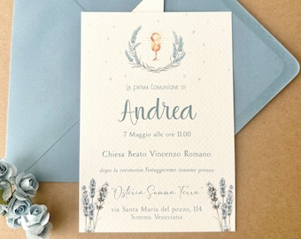 Boy's first communion invitation, child's communion participation, sugar paper invitation, powder blue flowers, garland invitation