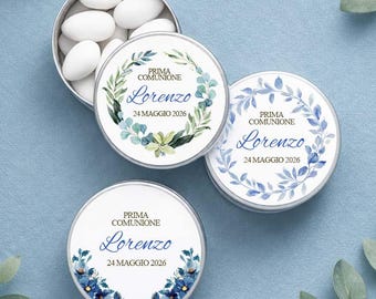 Elegant Tin Box for Communion Confetti Personalized with Name | Floral Theme Baby Favor | Light Blue and Blue Garlands