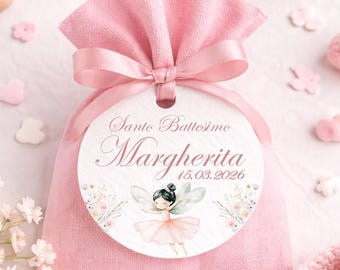 Baby girl's baptism favor tag with fairies and flowers, 4 cm format, printed on hammered paper, pink color
