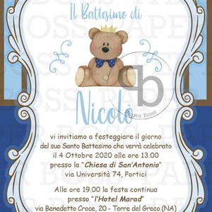 Invito digitale per battesimo bimbo tema orso, blu, biglietto orsetto