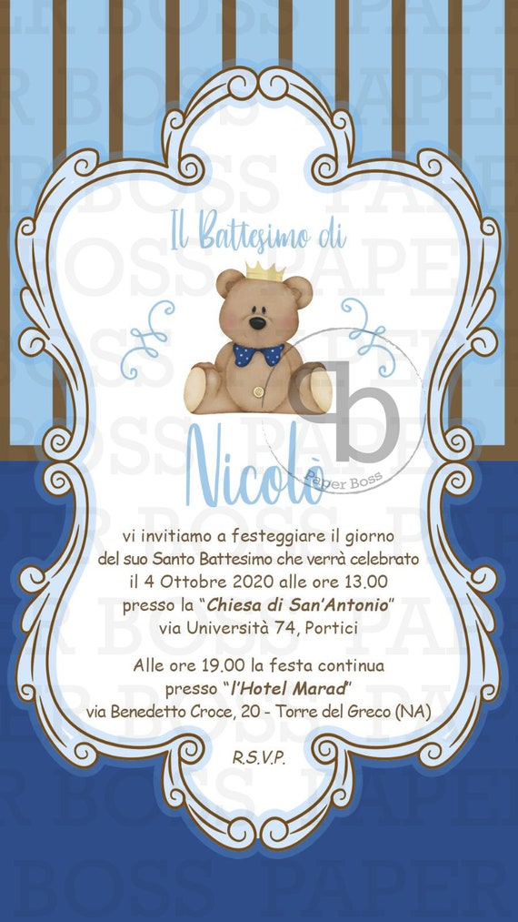 Invito digitale per battesimo bimbo tema orso, blu, biglietto orsetto